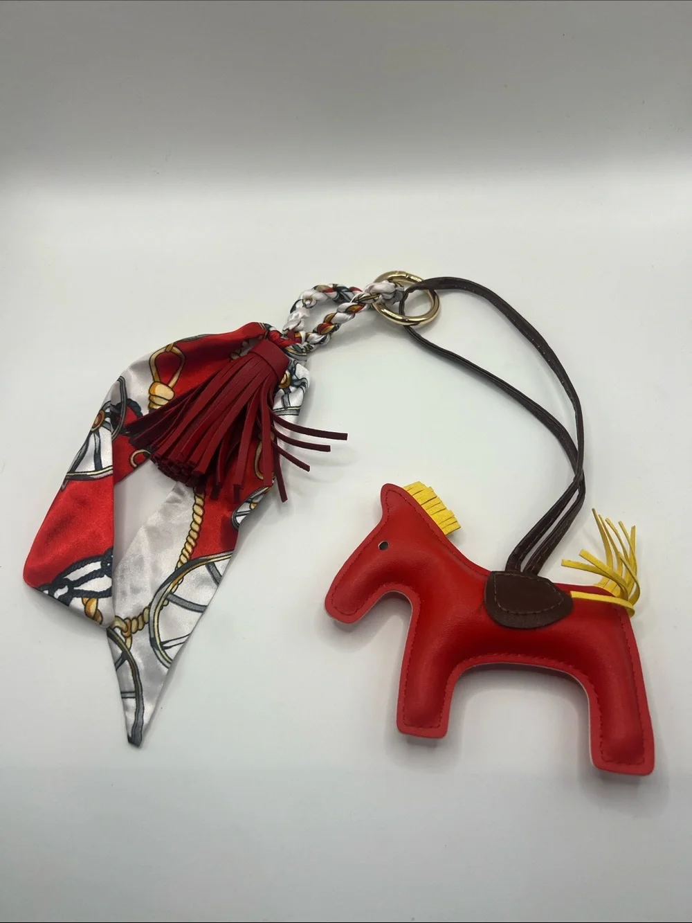 467. Red Horse Bag Charm Keychain with Silk Like Scarf and Red Tassel